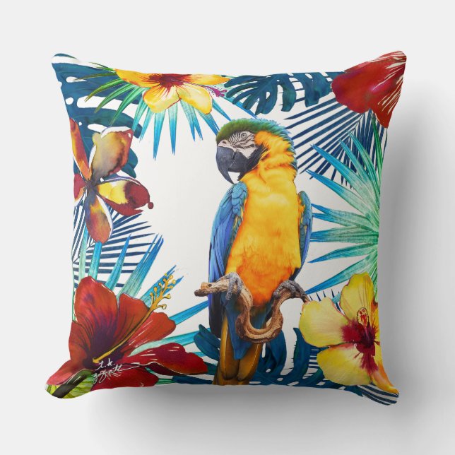 Tropiskt Macaw Parrot Gult Teal Red Blommigt Beach Kudde (Framsida)