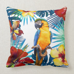 Tropiskt Macaw Parrot Gult Teal Red Blommigt Beach Kudde