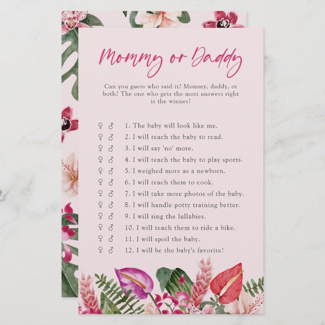 Tropiskt Mamma- eller pappa Baby-spel (Fram/baksida)