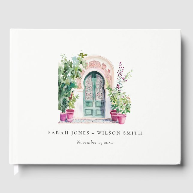 Tropiskt marockanskt dörrvatten, vattenfärg Bröllo Gästböcker (Framsida)