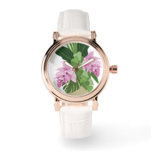 Tropiskt Medinilla Rosa Flower on White Armbandsur
