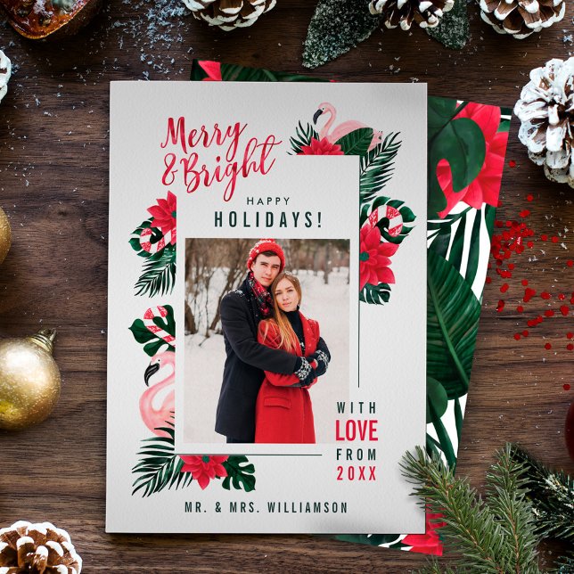 Tropiskt Merry & Bright Flamingo Candy cane Photo Julkort (Tropical Merry & Bright Flamingo Candy Cane Photo Holiday Card)