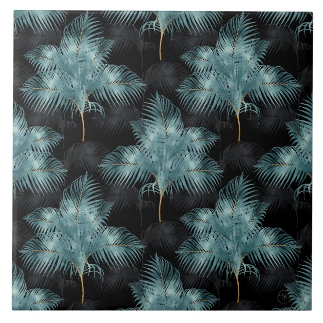 Tropiskt metallblått och Guld Handflatan-Löv, somm Kakelplatta (Framsidan)