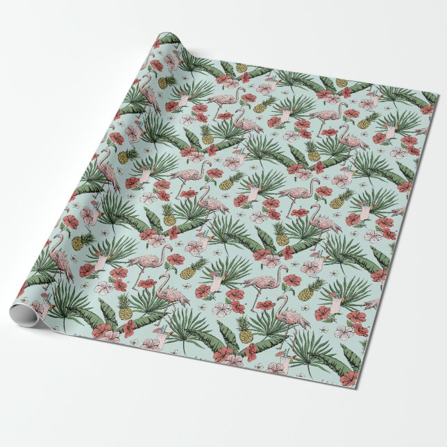 Tropiskt Mint Flamingo Blommönster Presentpapper (Utrullad)