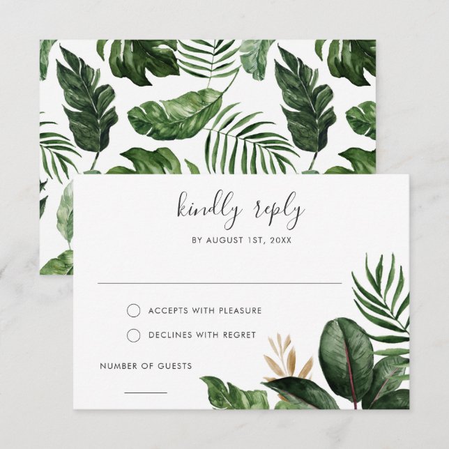 Tropiskt Modern Handflatan Rubber Träd Guld Löv OS Inbjudningar (Fram/baksida)