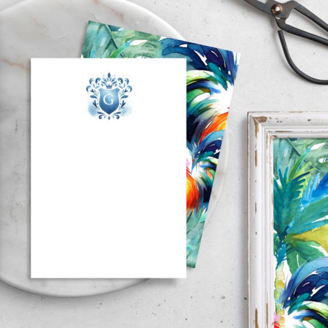 Tropiskt Monogram tack för att du tog emot Majesti (Personalized notecards feature blue watercolor crest with reverse bold and colorful rooster art.)
