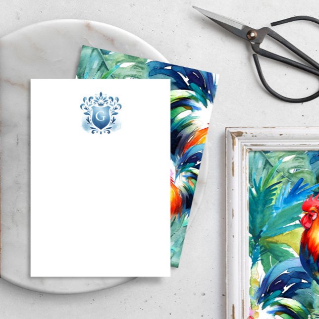 Tropiskt Monogram tack för att du tog emot Majesti (Monogrammed Watercolor Crest Key West Inspired Sol the rooster thank you cards sustainable weddings)