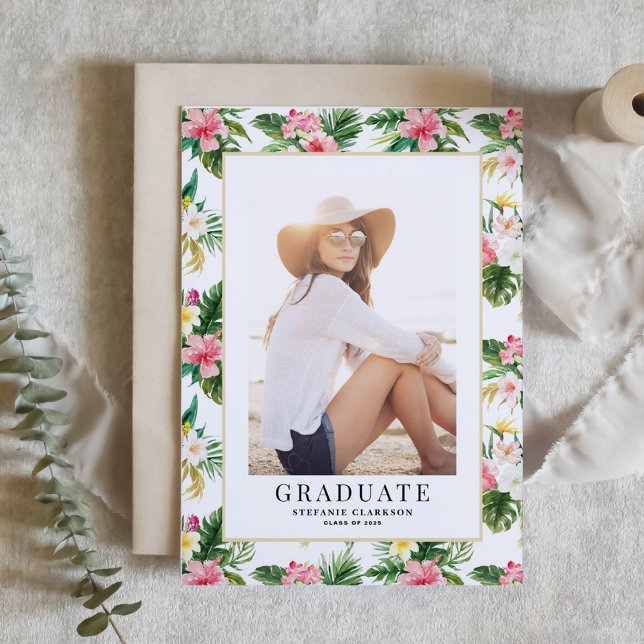 Tropiskt Mönster foto Studenten i vattenfärg Inbjudningar (Customizable photo graduation invitation featuring watercolor tropical pattern)