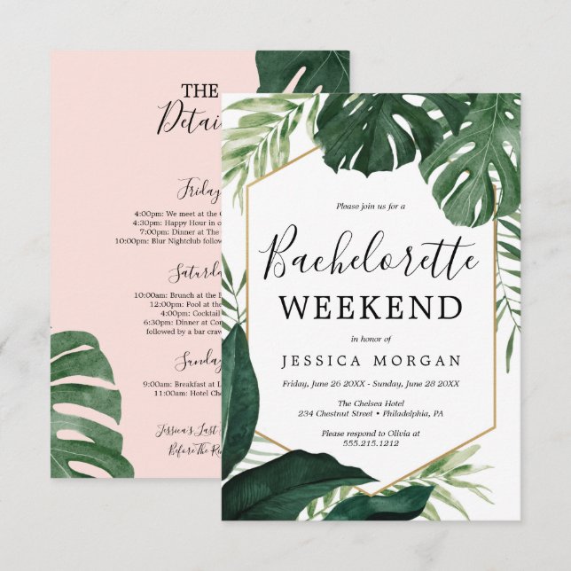 Tropiskt monstera Bachelorette Party Inbjudan-kort Inbjudningar (Fram/baksida)
