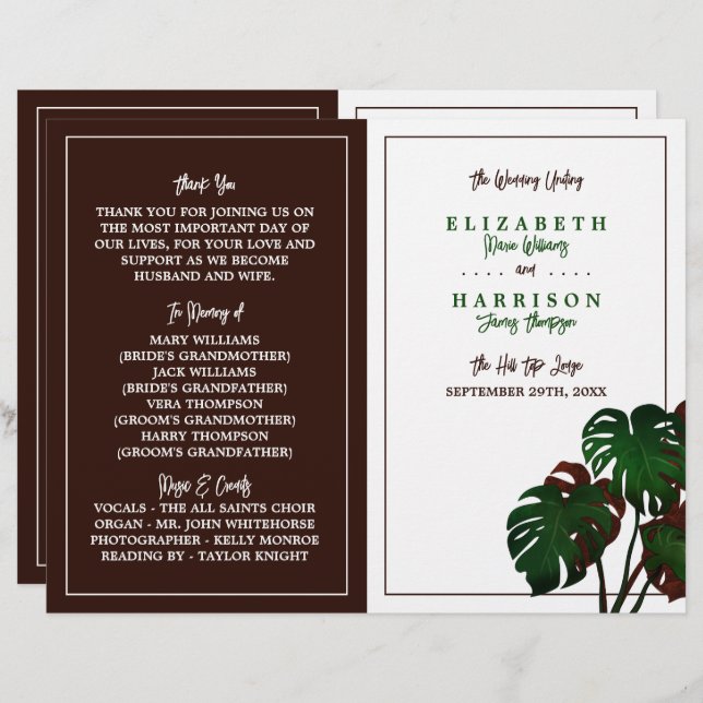 Tropiskt monstera Beach Wedding-program (Fram/baksida)