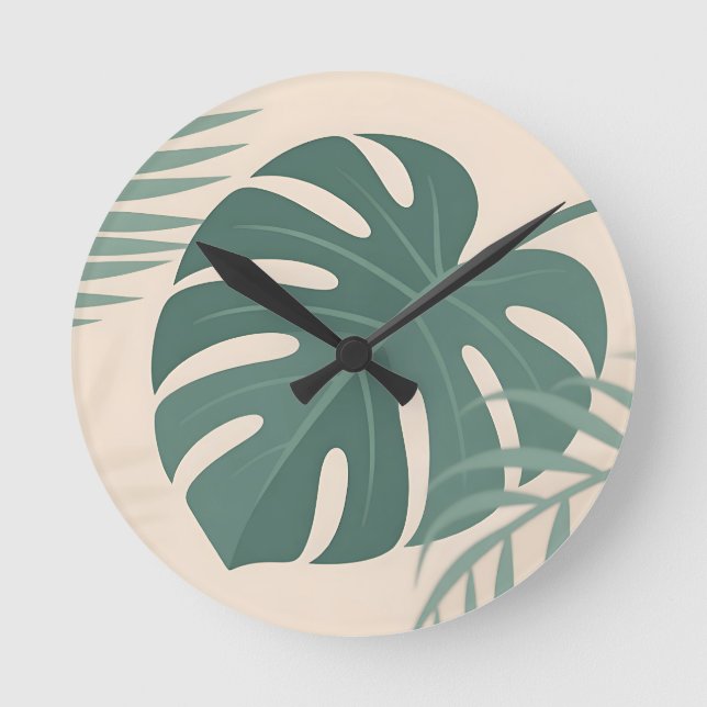 Tropiskt Monstera-blad Botanisk Serenitet Rund Klocka (Framsida)