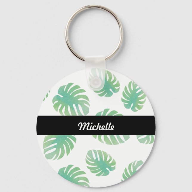 Tropiskt Monstera-blad Grönt Mönster Namn   Nyckelring (Framsida)