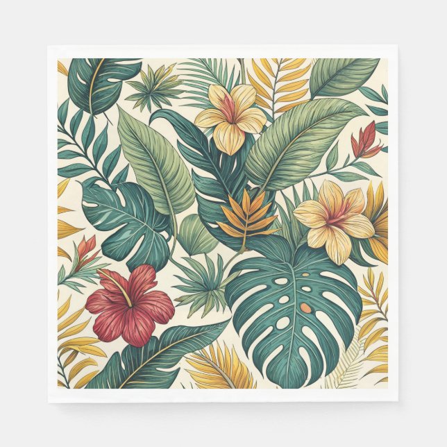 Tropiskt Monstera-blad med hibiskus  Pappersservett (Framsidan)