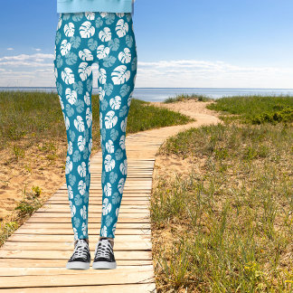 Tropiskt Monstera-blad Teal Turkos Vitt Blommigt Leggings