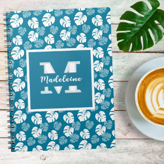 Tropiskt Monstera-blad Teal Vit Blommig Monogram Anteckningsbok