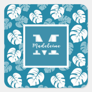 Tropiskt Monstera-blad Teal Vit Blommig Monogram Fyrkantigt Klistermärke