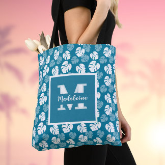 Tropiskt Monstera-blad Teal Vit Blommig Monogram Tygkasse