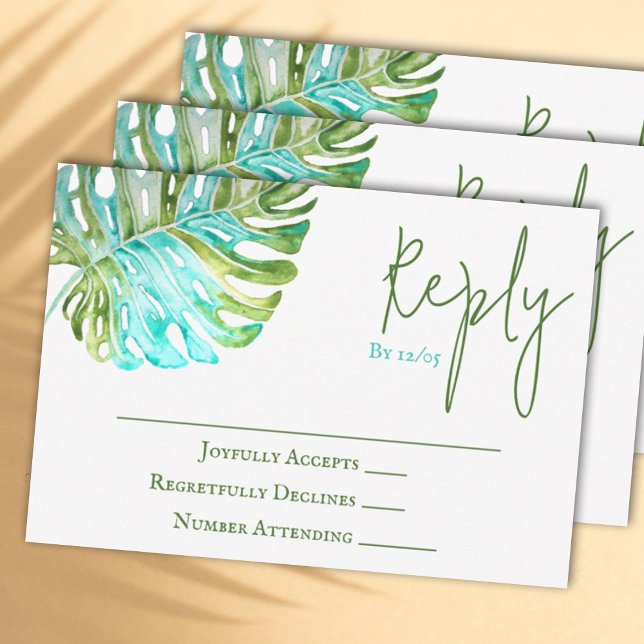 Tropiskt Monstera Löv Bröllop OSA Card Rådkort (Watercolor light green and turquoise monstera leaf wedding RSVP reply card)