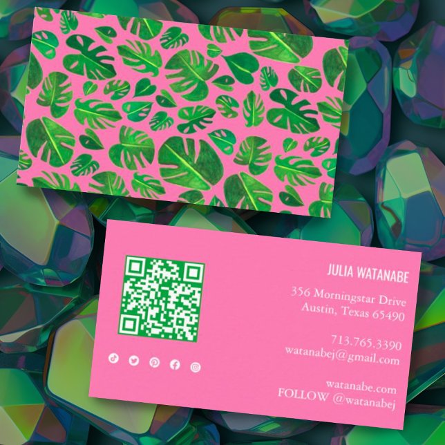 Tropiskt Monstera Löv QR Code Social Media Rosa Visitkort (Skapare uppladdad)