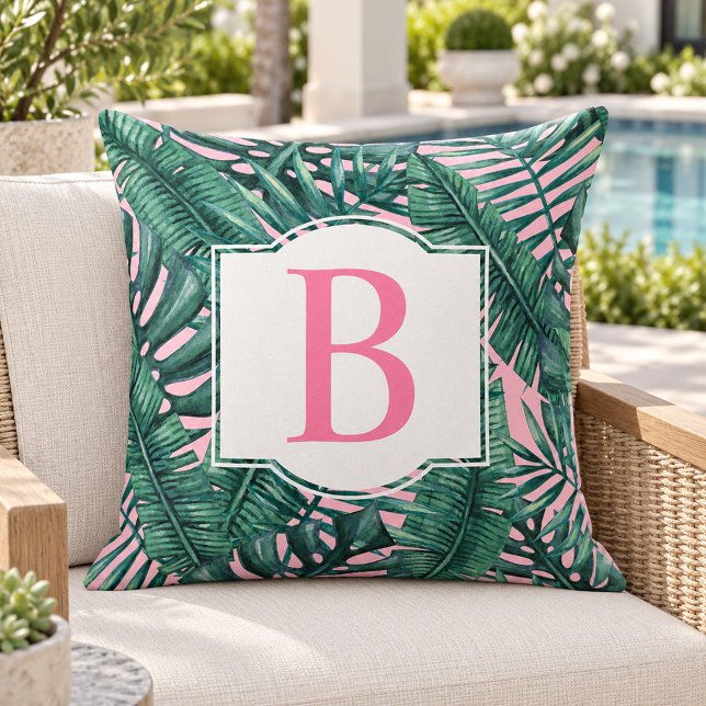 Tropiskt mörkt palmlöv rosa monogram initial kudde (Skapare uppladdad)