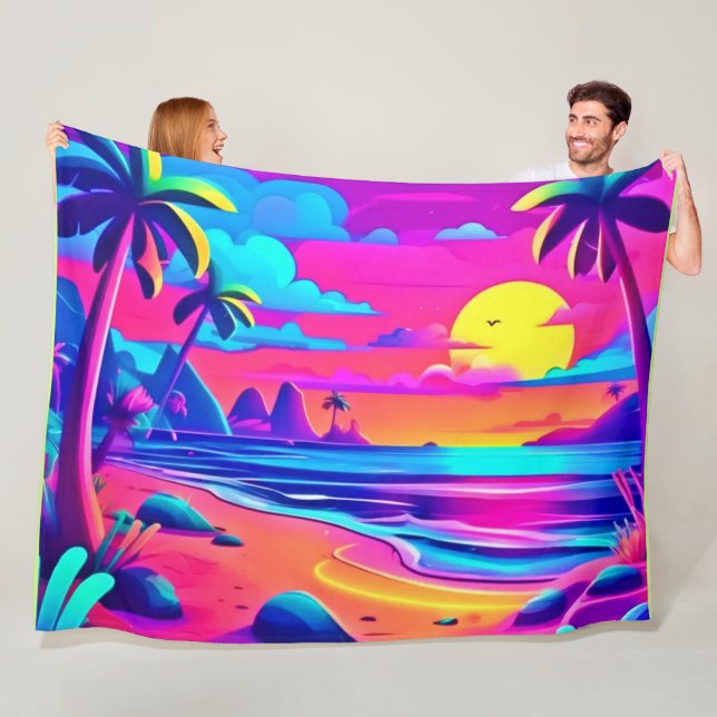 Tropiskt Neon Beach Sunset Art Fleecefilt (På plats)