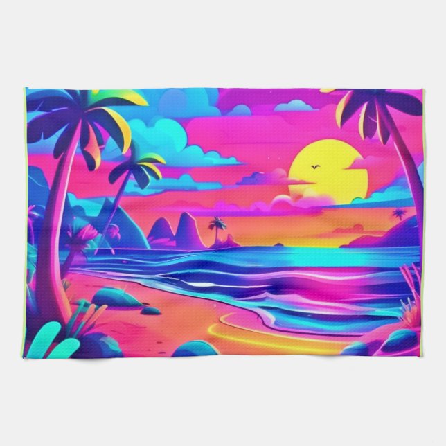 Tropiskt Neon Beach Sunset Art Kökshandduk (Horisontell)