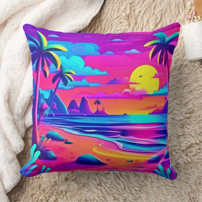 Tropiskt Neon Beach Sunset Art Kudde (Filt)