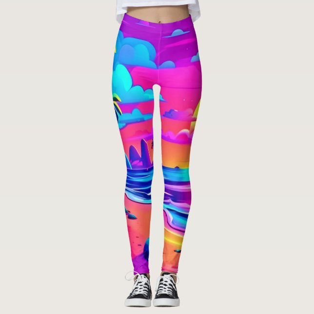 Tropiskt Neon Beach Sunset Art Leggings (Framsida)