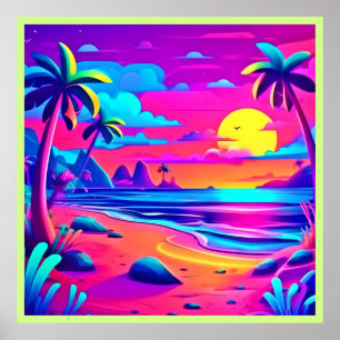 Tropiskt Neon Beach Sunset Art Poster