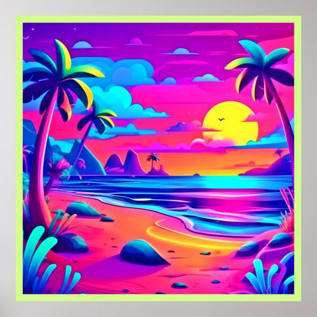 Tropiskt Neon Beach Sunset Art Poster (Framsidan)
