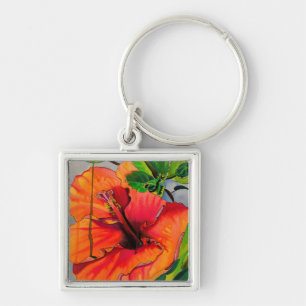 Tropiskt Neon Hibiscus-blomma Fyrkantig Silverfärgad Nyckelring
