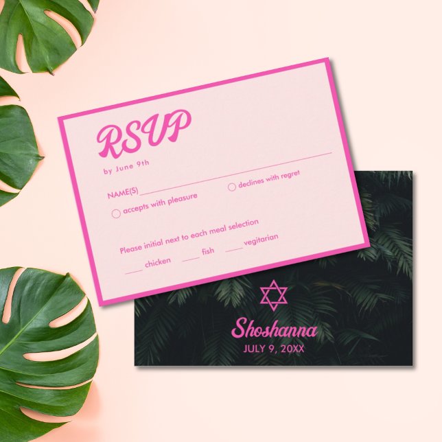 Tropiskt Neon Rosa Bat mitzvah OSA kort (Tropical Neon Pink Bat Mitzvah RSVP Card
)