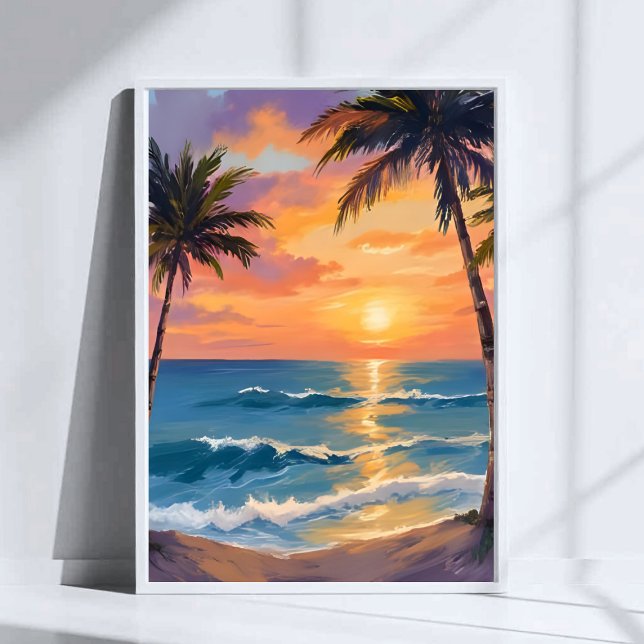Tropiskt Ocean Solnedgång Palmträd Akvarell Poster (Skapare uppladdad)