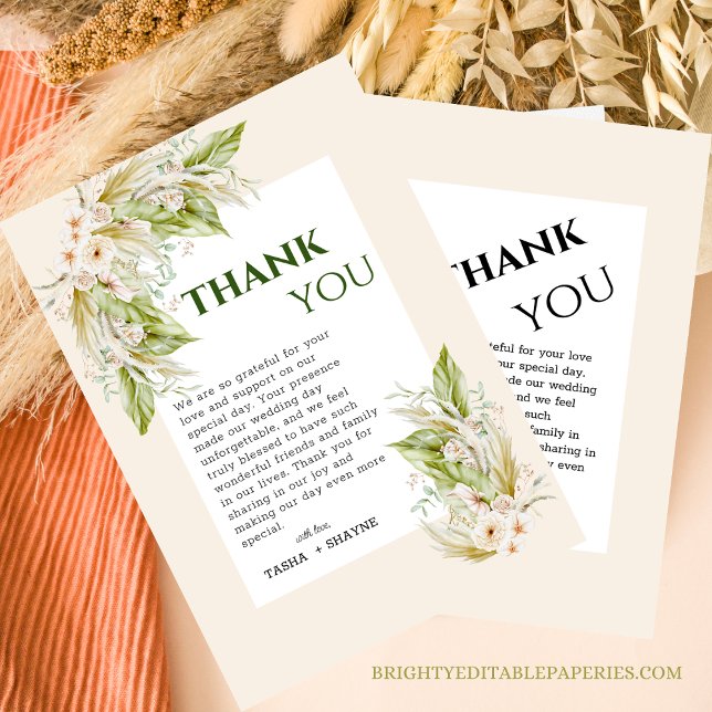 Tropiskt ömtåligt Pampas Grass Boho Chic Bröllop Tack Kort (Gratitude in bloom with our delicate pampas grass thank you cards)