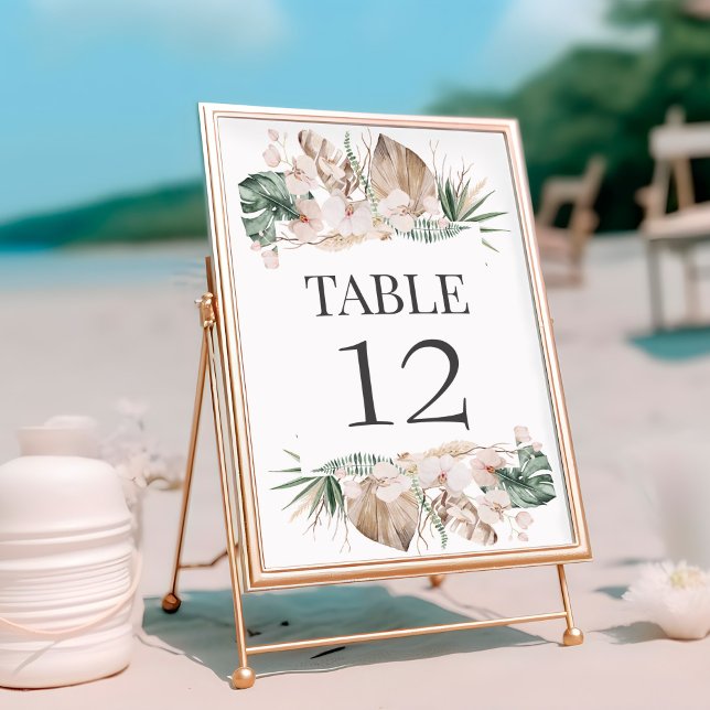 Tropiskt orkidébröllopsbord Nummerkort Bordsnummer (Tropical Orchid Wedding Table Number Card on a sunny beach)
