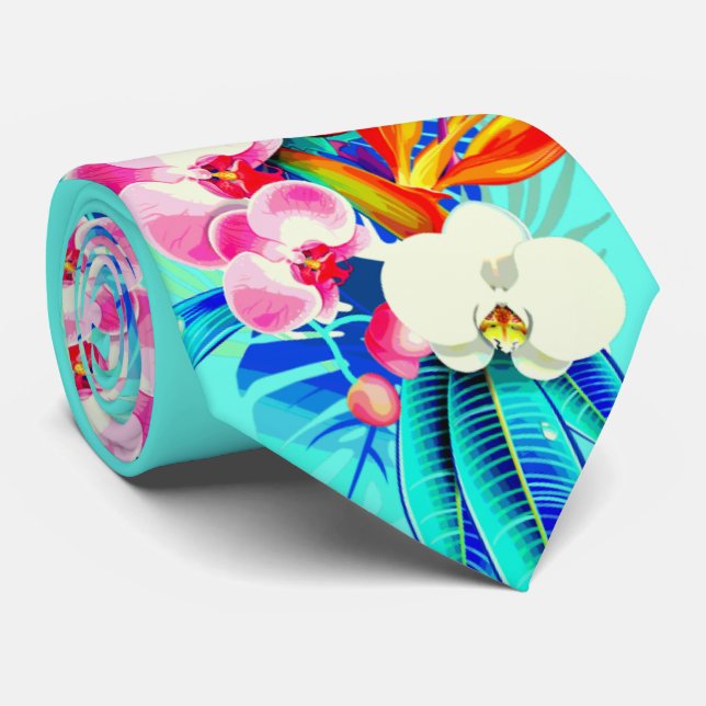 Tropiskt orkidéfärgat handflatan löv Hawaiiansk bl Slips (Rullad)
