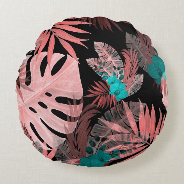 Tropiskt orkidéfärgat sjölöst Mönster Rund Kudde (Framsidan)