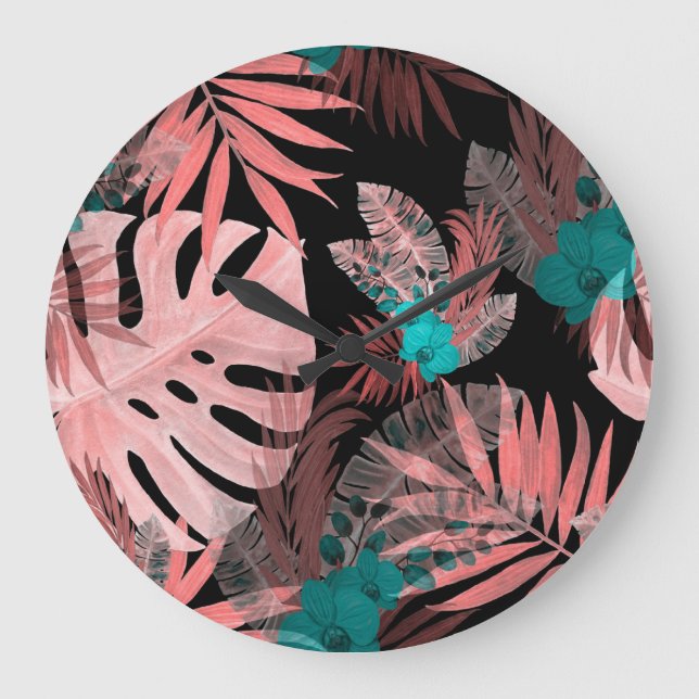 Tropiskt orkidéfärgat sjölöst Mönster Stor Klocka (Framsida)