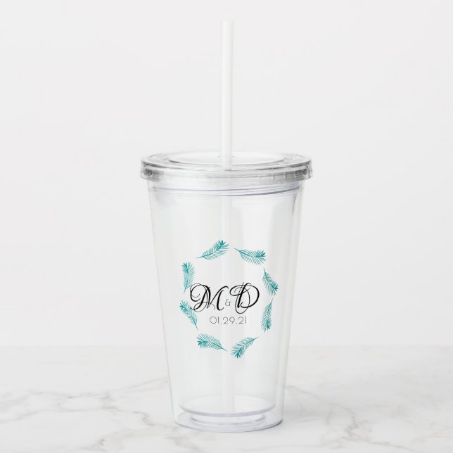 Tropiskt palmblad bröllop logotyp årsdag take away mugg (Framsida)