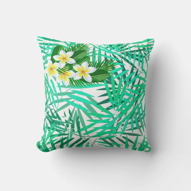 Tropiskt palmblad- och blomster mönster kudde (Framsida)