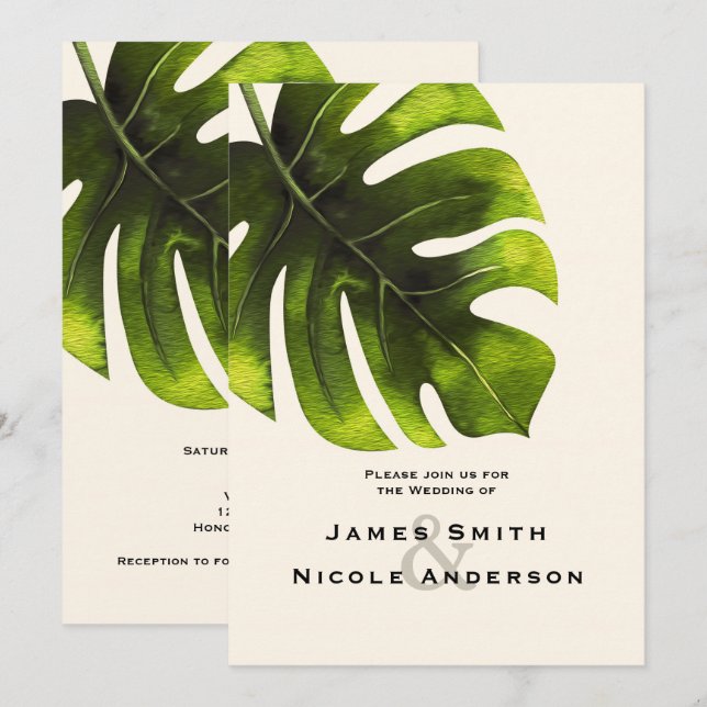 Tropiskt palmblad sommar elegant modern bröllop inbjudningar (Fram/baksida)