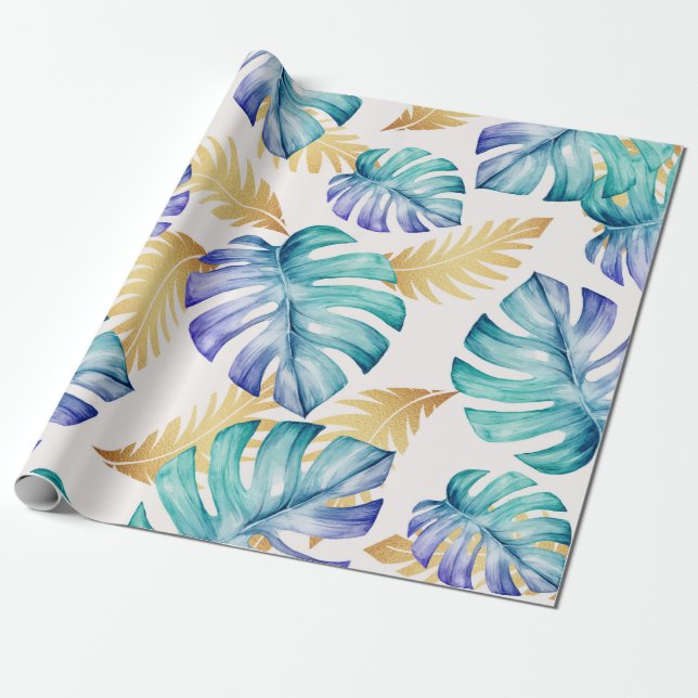Tropiskt palmbladsmönster presentpapper (Utrullad)
