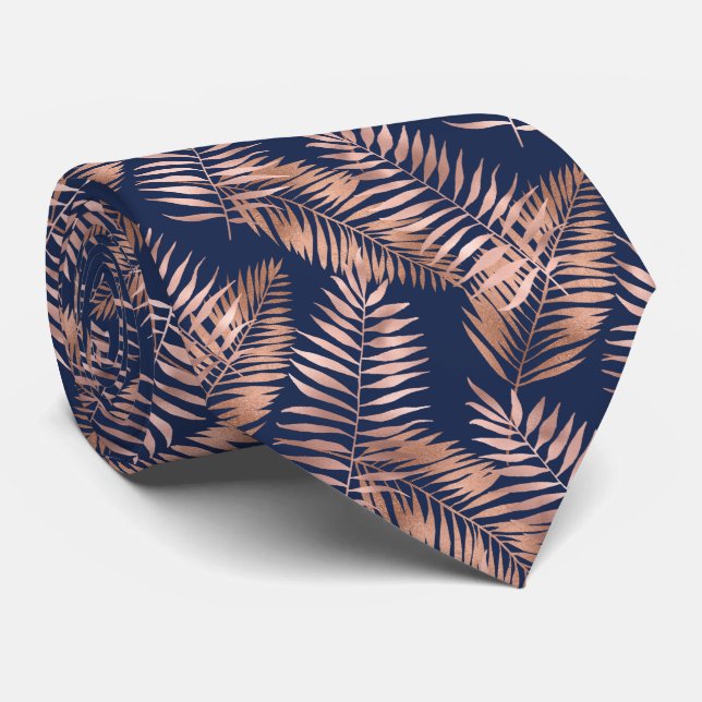 Tropiskt palmbladsmönster roséguld marinblått slips (Rullad)