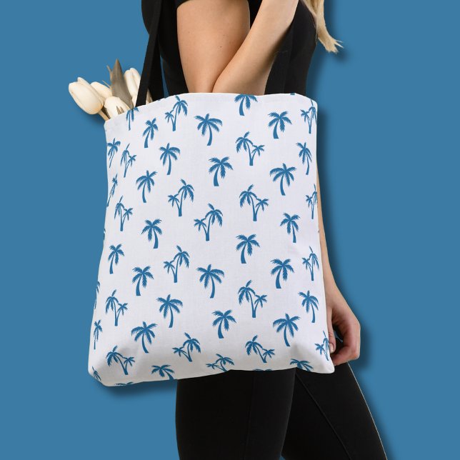 Tropiskt palmeträdsmönster blått tygkasse (White/Blue palm tree tote bag)