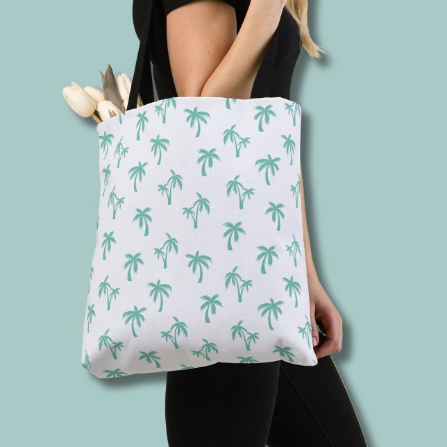 Tropiskt palmmönster havsgrönt tygkasse (green and white palm tree tote bag)
