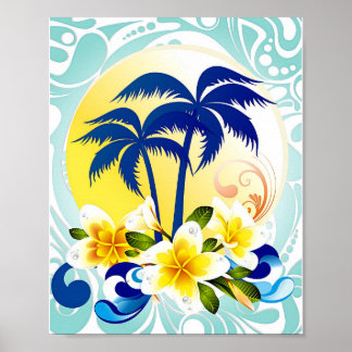 Tropiskt palmparadis med plumeriablomning poster