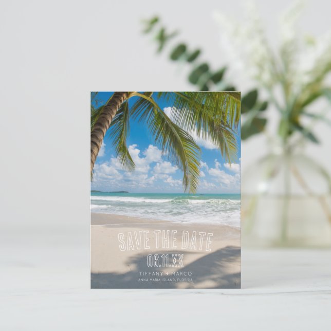 Tropiskt Palmträd Strandbröllop Spara Datum Meddelande Vykort (Stående Fram)