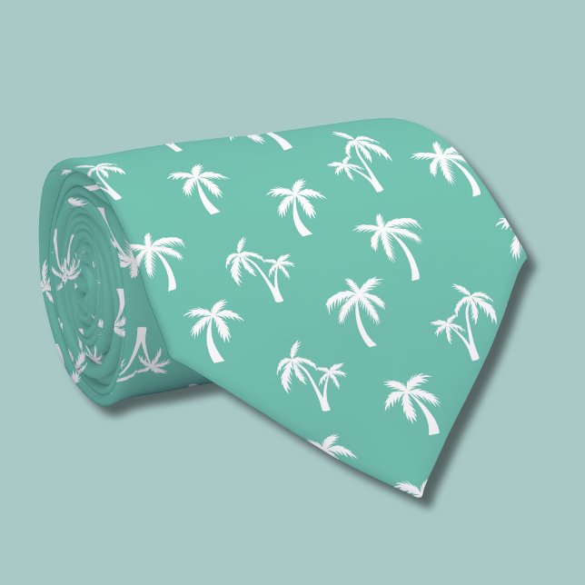 Tropiskt palmtreemönster havsgrönt slips (green and white palm tree tie)