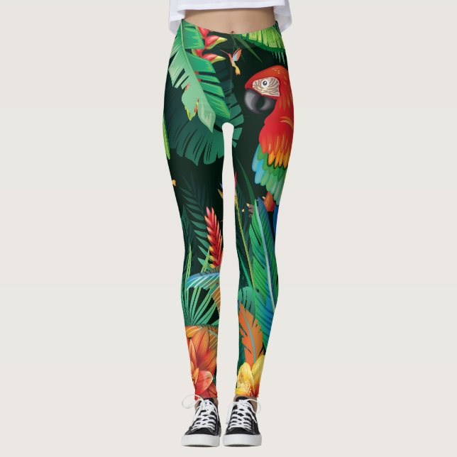 Tropiskt papegoja: Bakgrund för exotisk Blommigt. Leggings (Framsida)