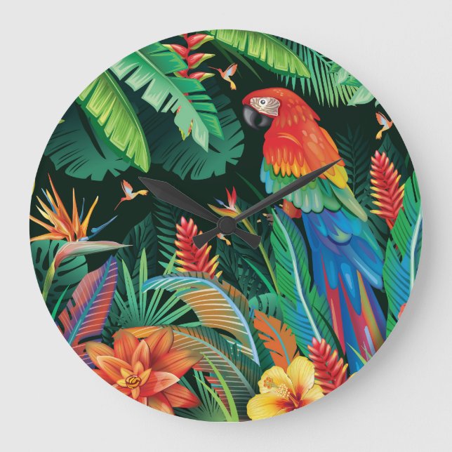 Tropiskt papegoja: Bakgrund för exotisk Blommigt. Stor Klocka (Framsida)